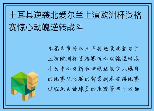 土耳其逆袭北爱尔兰上演欧洲杯资格赛惊心动魄逆转战斗