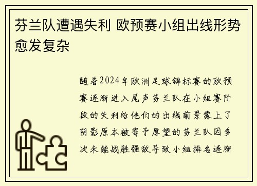 芬兰队遭遇失利 欧预赛小组出线形势愈发复杂