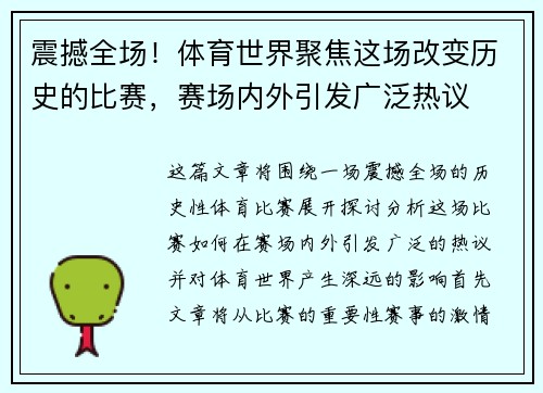 震撼全场!体育世界聚焦这场改变历史的比赛,赛场内外引发广泛热议
