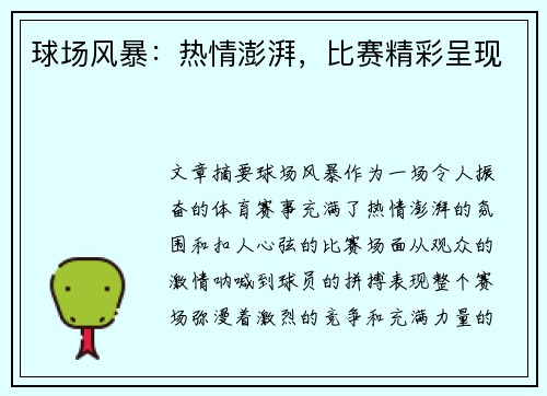 球场风暴:热情澎湃,比赛精彩呈现