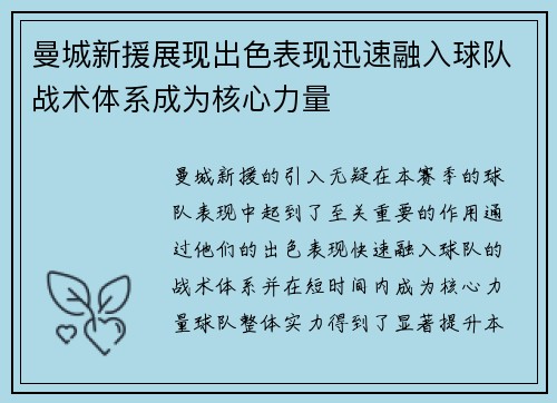曼城新援展现出色表现迅速融入球队战术体系成为核心力量